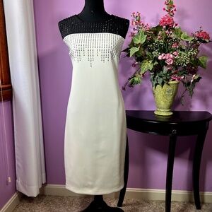 CALVIN KLEIN Black SPARKLE Color Block Black/White Sleeveless Sheath Dress Sz 14